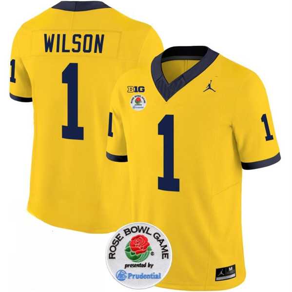 Mens Michigan Wolverines #1 Roman Wilson 2023 F.U.S.E. Yellow Rose Bowl Patch Stitched Jersey Dzhi->->NCAA Jersey